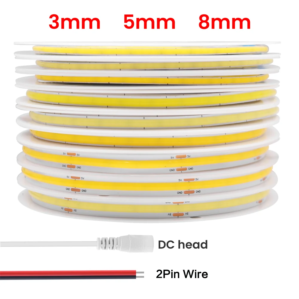 Tira COB DC5V 12V 3MM 5MM 8MM 320LEDs/m barra de luz LED FOB 3000K 4000K 6000K cinta Flexible cuerda Cob tira de LED iluminación lineal