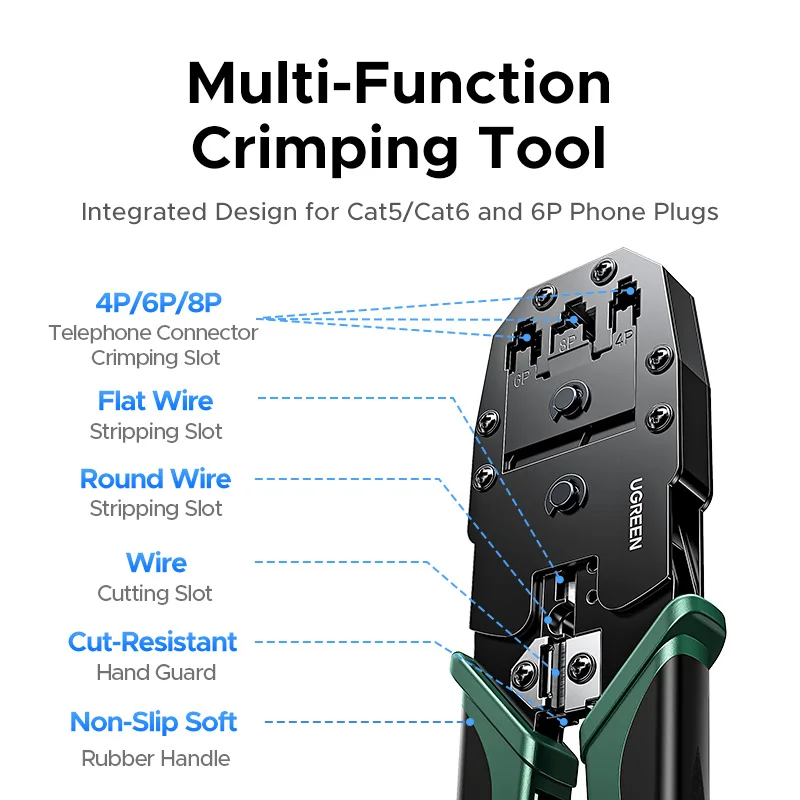 UGREEN RJ45 Обжимной инструмент Сетевой кабель Punch Lan Tools для Cat5e/6/6a 8P Ethernet-кабель Разъем RJ45 6P Разъем RJ11