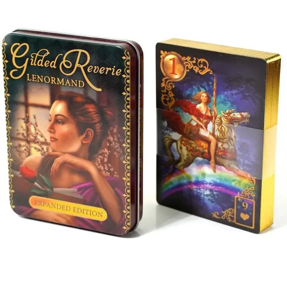 Jeu de Tarot Reverie Lenormand doré 11x6.5cm dans une boîte en fer blanc bord doré pour carte de jeu de divination 44 pièces
