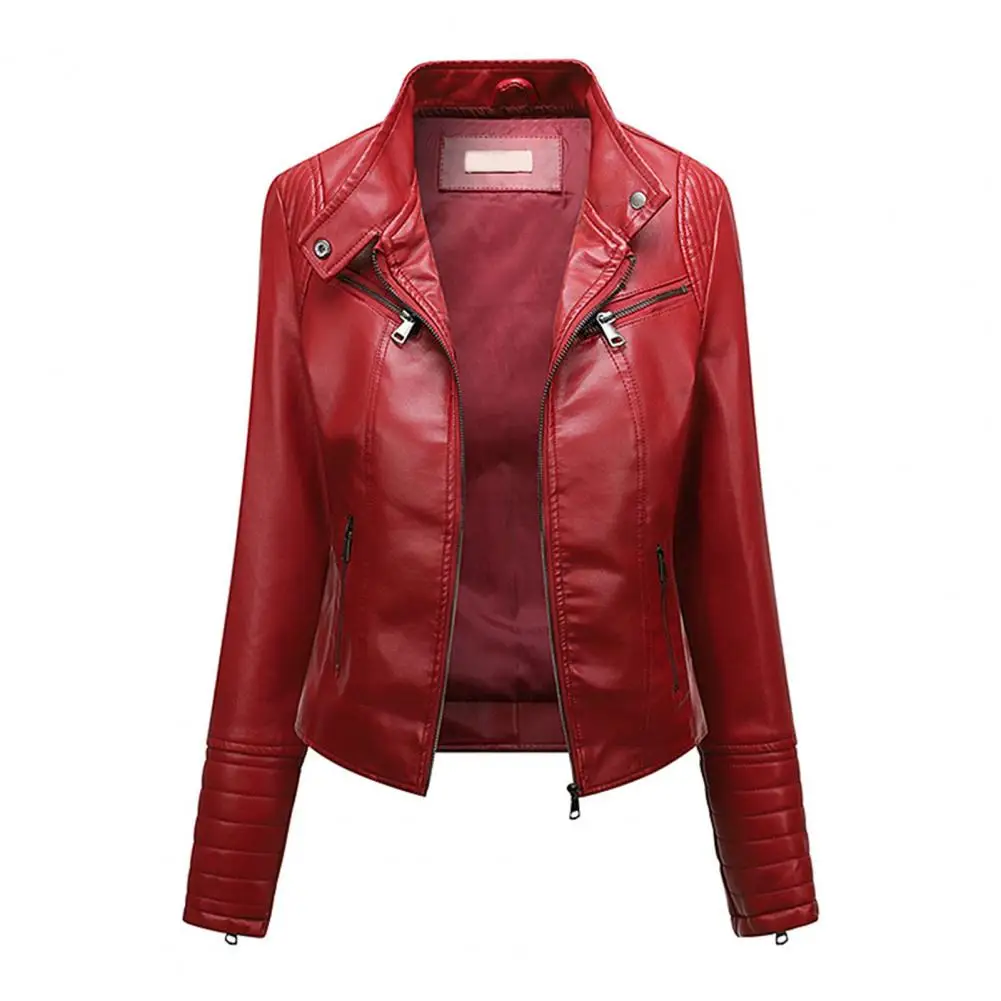 Schlanke Kunstleder jacke Frauen stehen Kragen Langarm taschen Reiß verschluss Biker Mantel dünne Herbst Winter jacke Outwear