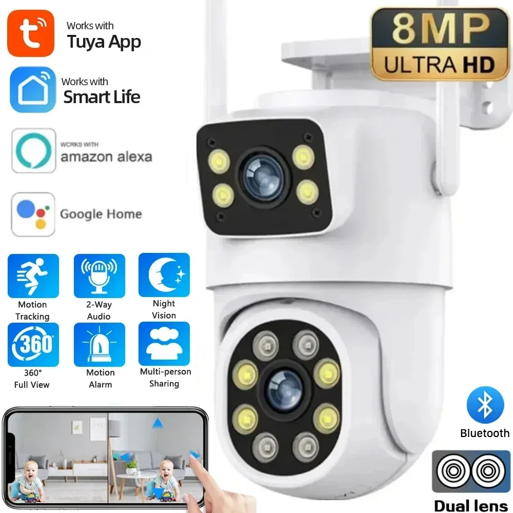 Cámara PTZ WIFI de doble lente 4K y 8MP, pantalla Dual Full HD, seguimiento automático humano Ai, cámara de videovigilancia de seguridad para exteriores de 4MP, Tuya