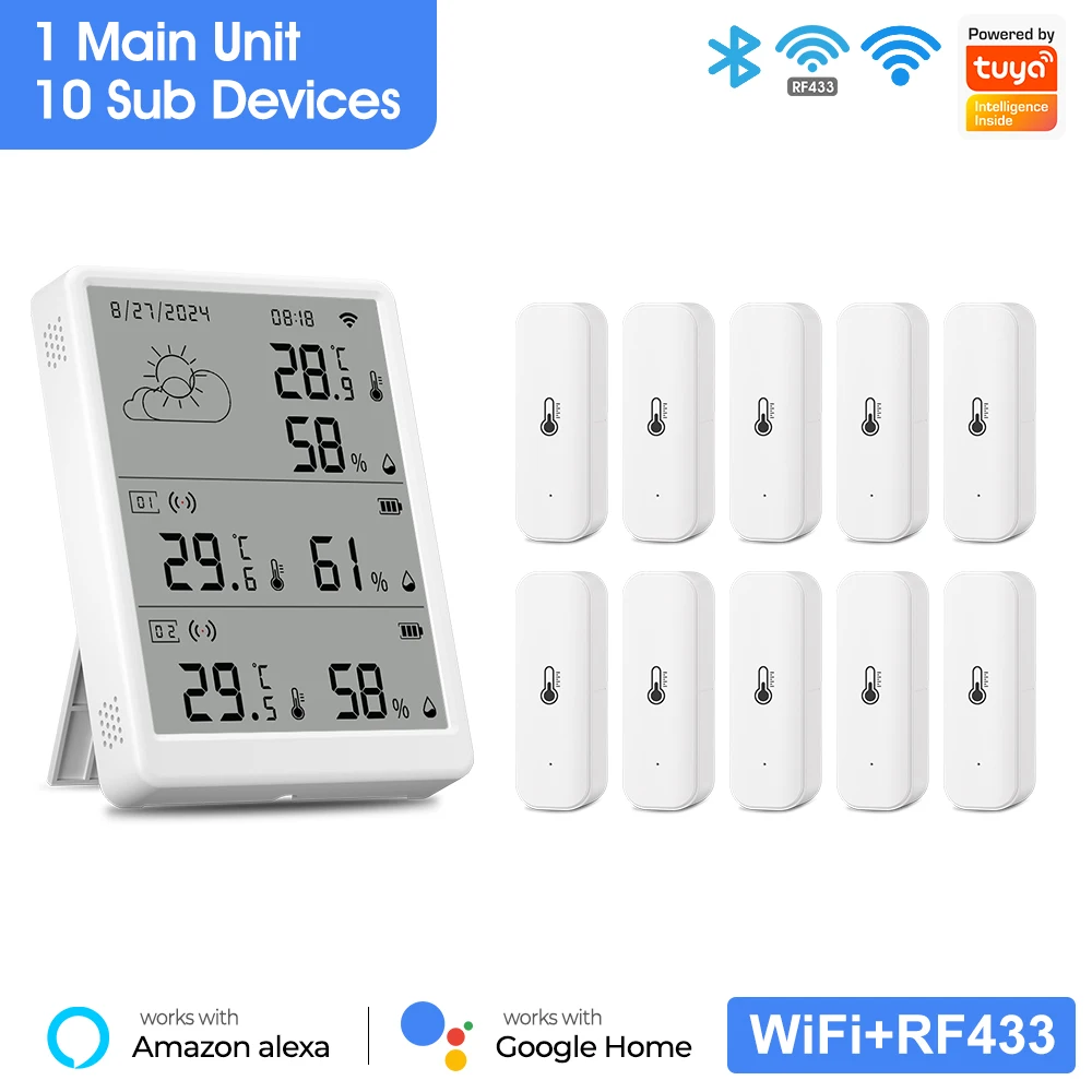 Tuya Wi-Fi метеостанция цифровой термометр комнатный гигрометр RF433 Крытый и открытый датчик температуры влажности настольные настенные часы