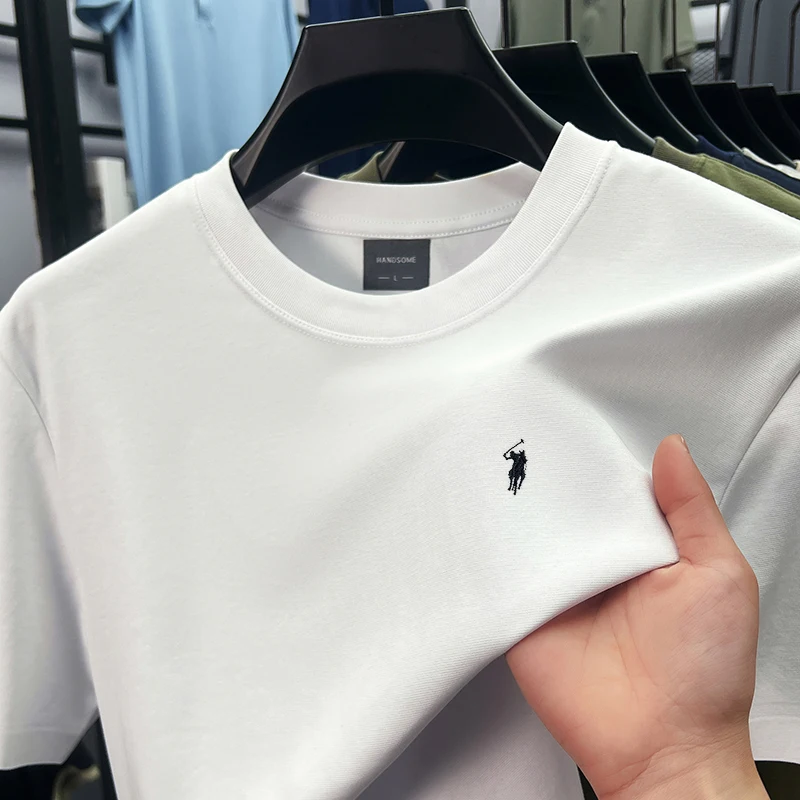 ที่มีคุณภาพสูงผ้าฝ้าย mercerized breathable แขนสั้นเสื้อยืดผู้ชายออกแบบฤดูร้อนใหม่พอลแบรนด์เย็บปักถักร้อยแฟชั่นเกาหลีลำลองรอบคอด้านบน