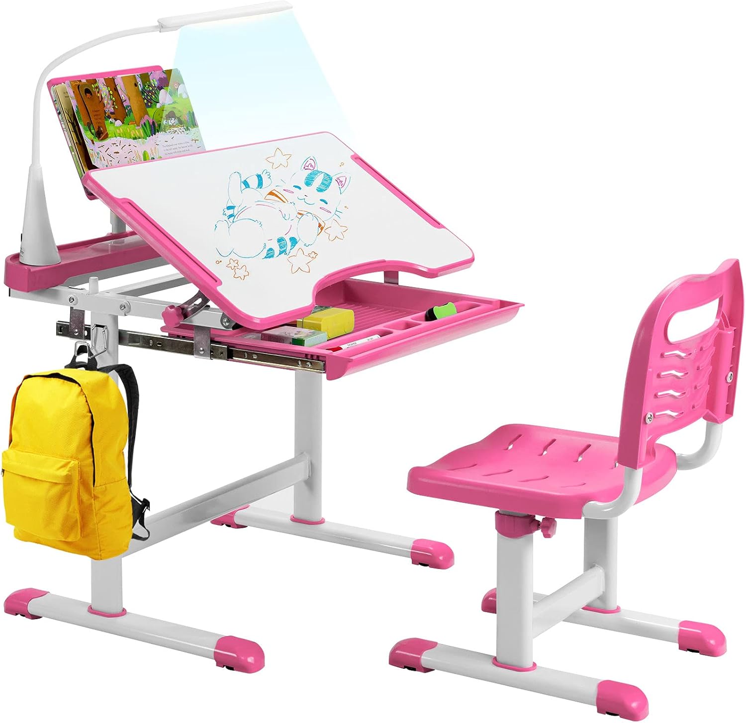 Kinder schreibtischset mit Stall und LED-Licht, höhen verstellbarer Kinder schreibtischs tuhl mit kippbarem Schreibtisch und Schublade, rosa