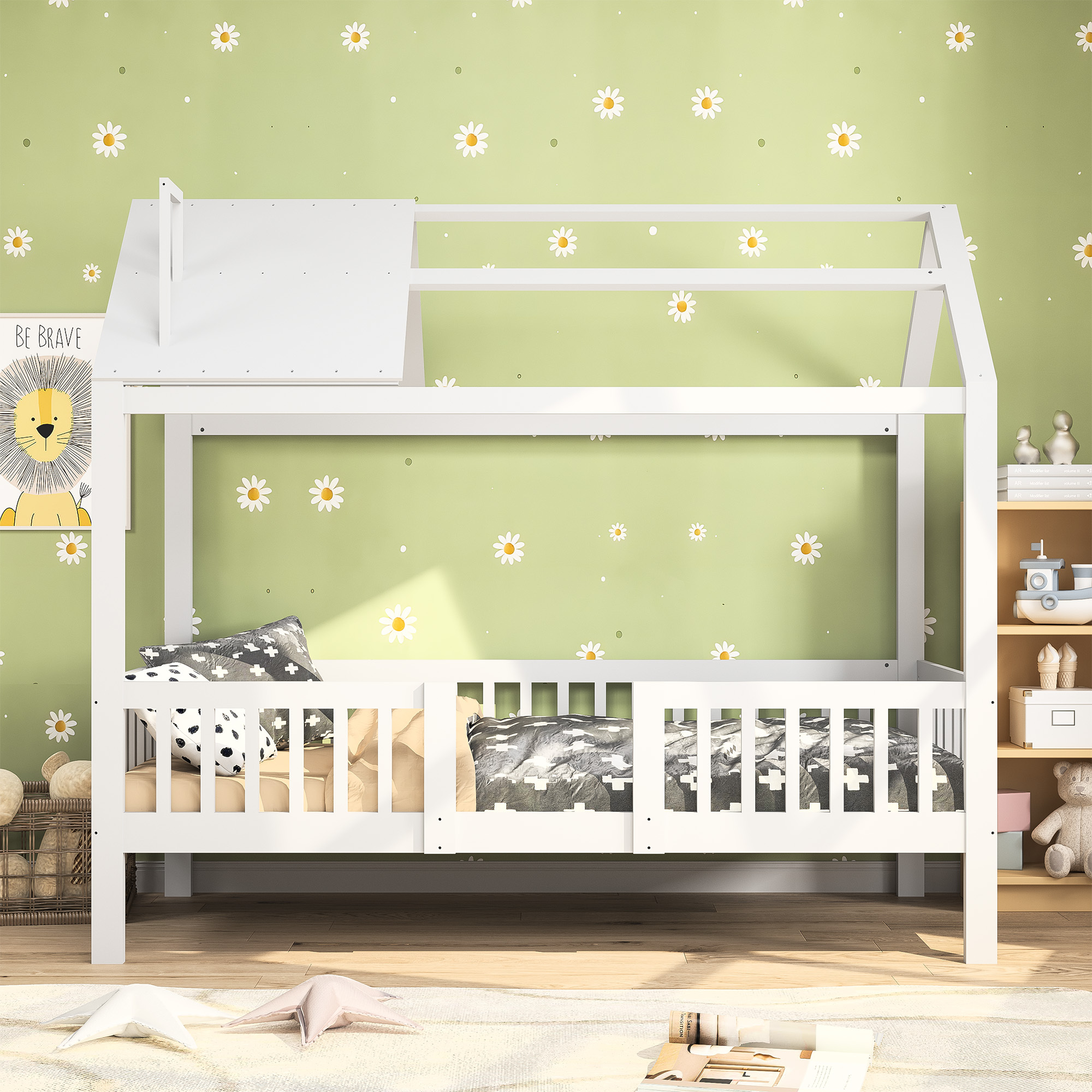 Cama de berço Lazyspace 90x200cm, cama infantil com grade protetora proteção contra quedas, estrutura de cama de solteiro de madeira, sem colchão