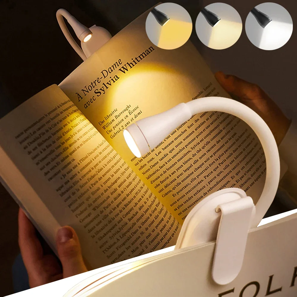Mini LED Book Luce notturna Clip regolabile 360 °   Lampada di protezione per gli occhi Flip Study ricaricabile a 3 colori per la lettura della camera da letto da viaggio