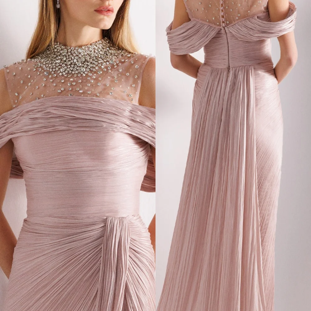 Personalizado estilo moderno brilho organza drapeado pérola botão strass em linha reta colher pescoço vestidos longos sob medida vestidos de ocasião