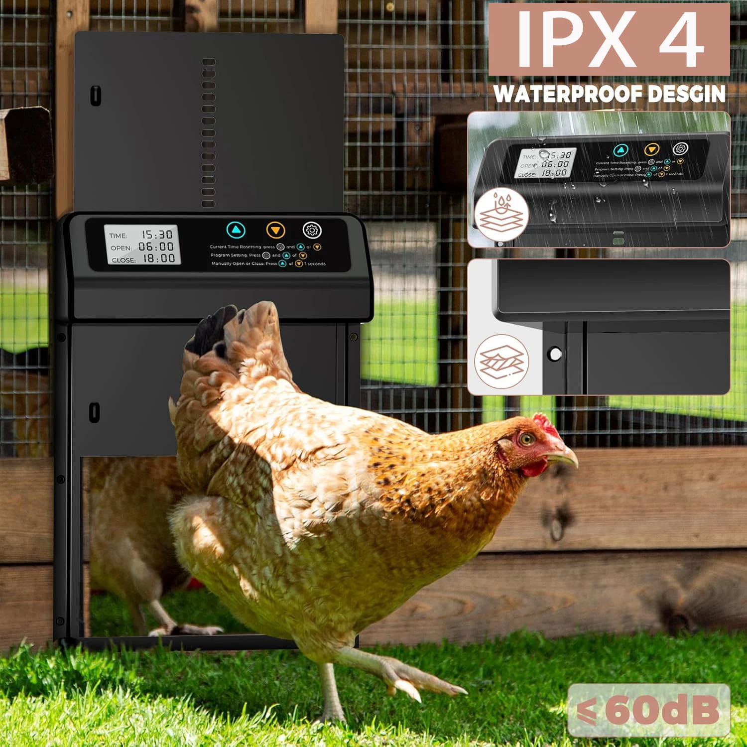 Porta automática de galinheiro, porta automática de liga de alumínio com design anti-pitada, temporizador + display LCD para casas de aves, longe