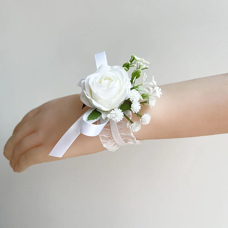 Rose di seta bianche Fiore all'occhiello per bambini Accessori da sposa Braccialetti per corpetto da polso Fiori artificiali per damigelle d'onore Occhiello