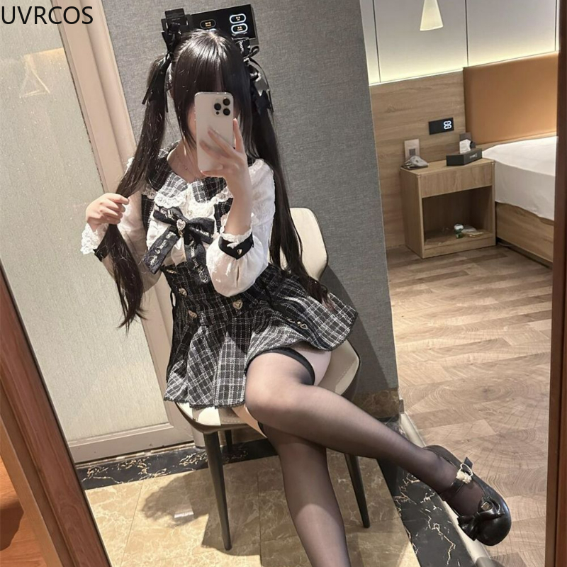 日本のゴシックスタイルのラインストーンリボンドレスショーツセット女性甘い長袖スリムチェック柄シャツドレスかわいいロリータ Y2k 衣装