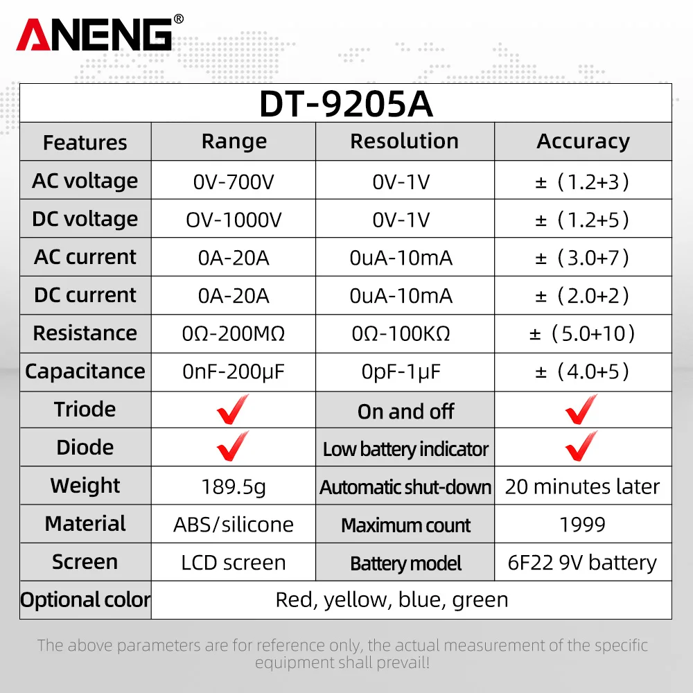 ANENG DT9205A デジタルプロフェッショナルマルチメータ AC/DC 電圧電流テスト容量 NCV 抵抗オーム電気テストメーターも