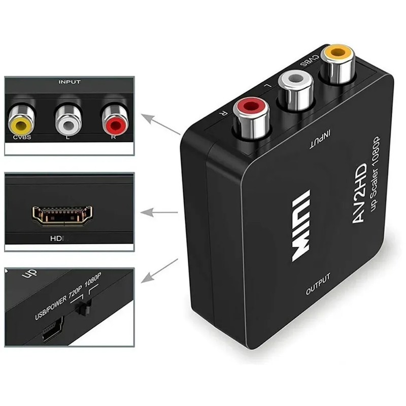 RCA AV to HDMI 호환 컨버터, AV/CVSB L/R 비디오 박스, HD 1080P 1920x1080 지지대 NTSC PAL 출력, AV to HDMI 호환