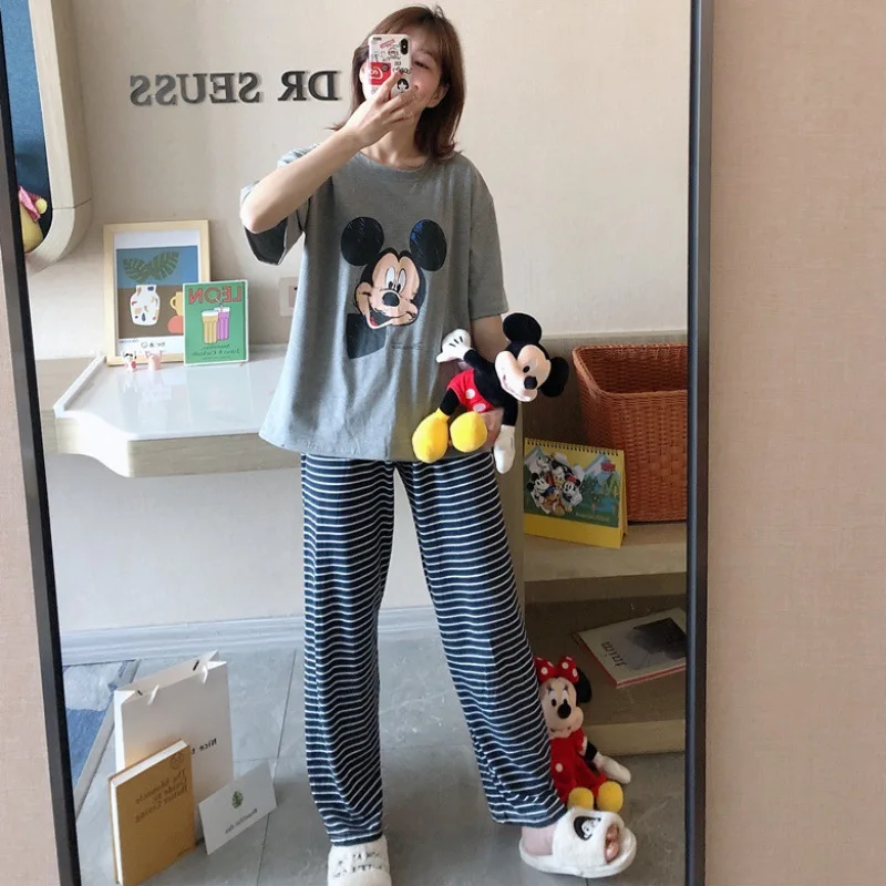 디즈니 미키 심바 다람쥐 프린트 여름 잠옷, 여성용 반팔 바지 홈웨어 수트, 귀여운 여성스러운 스위트 루즈 잠옷, 2 개