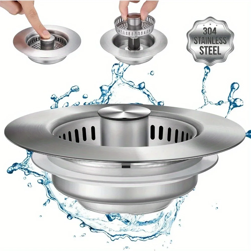 Filtro de pia de cozinha de aço inoxidável 3 em 1, rolha pop-up com cesta anti-entupimento e filtro de odor, filtro de drenagem fácil de limpar