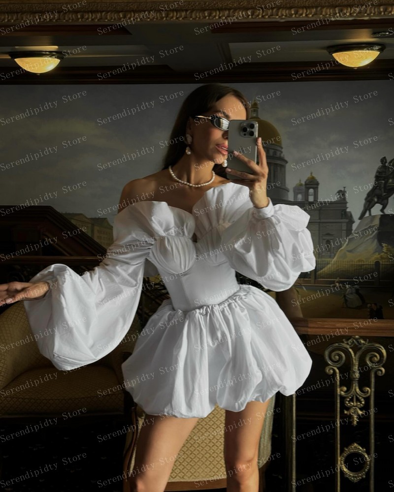 Serendipidty-白いサテンのドレス,裸の肩,長袖,ふわふわのふくらんでいるイブニングドレス,レース付きの折りたたみ式バックカクテルドレス,白