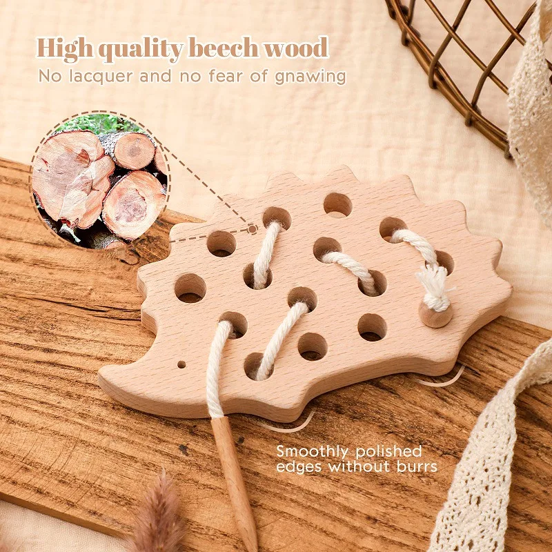 เด็ก Montessori Threading Blocks ของเล่น Beech ไม้ Hedgehog BOARD ของเล่นสร้างสรรค์ Hands-on ability การศึกษาสําหรับของขวัญเด็ก