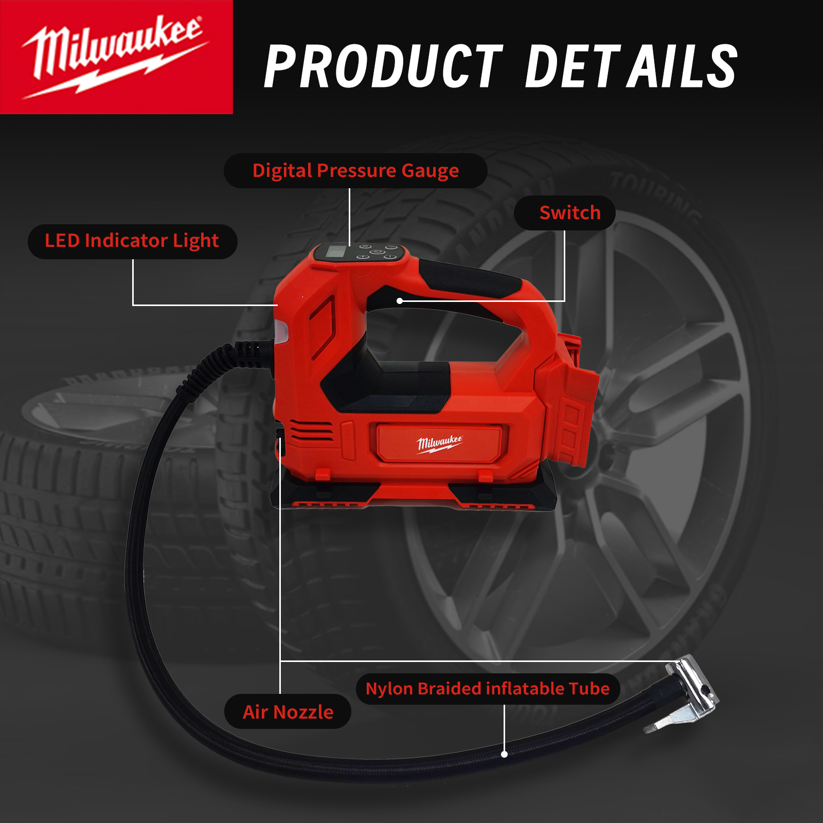Compressor de ar inflador de pneus Milwaukee para Milwaukee 18V Bateria 150PSI Bomba de ar elétrica sem fio com medidor de pressão digital