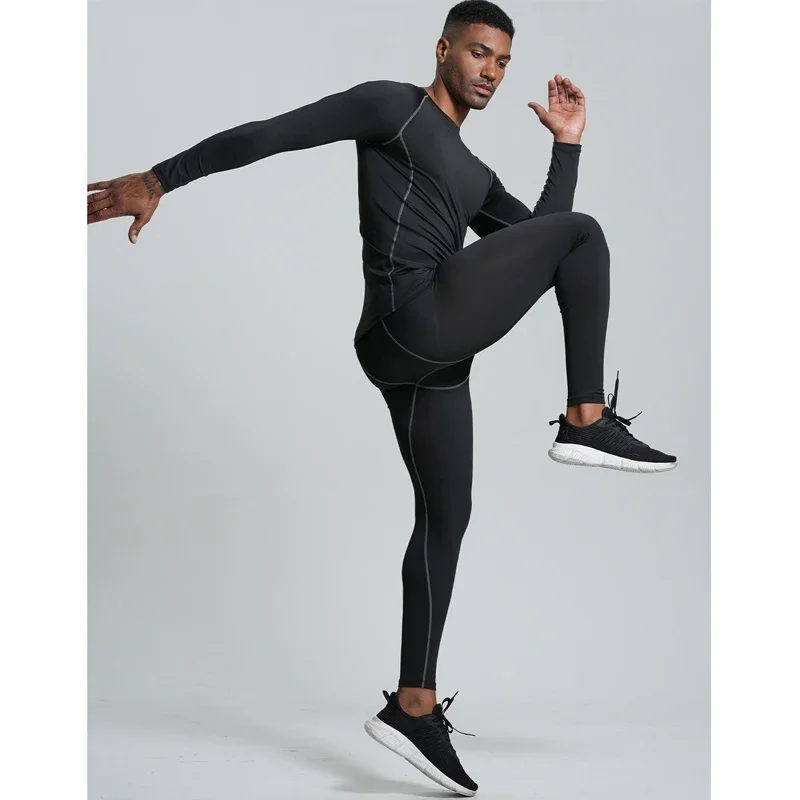 冬のメンズフリースタイトな服スーツ長袖 Tシャツ + ズボンウォームスーツフィットネスエクササイズ高弾性スピードドライ服