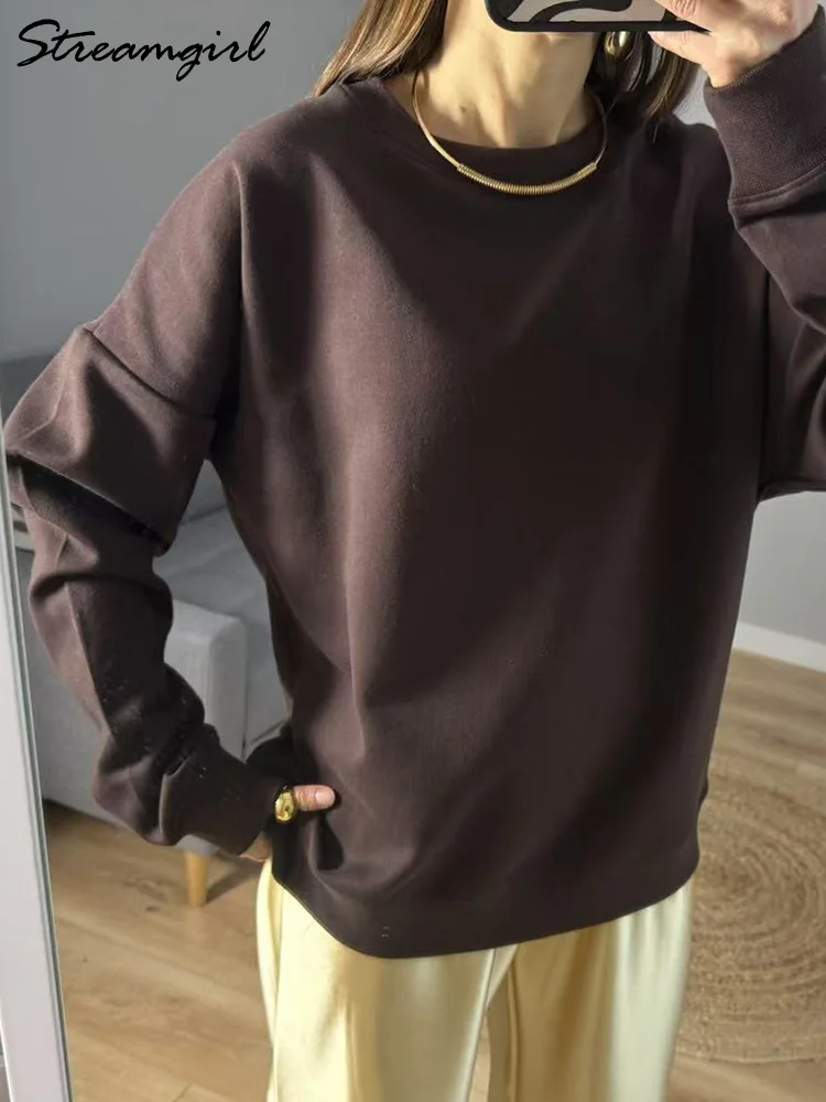 Sudaderas de gran tamaño de otoño para mujer, jerséis holgados de algodón, sudadera cálida roja con cuello redondo para mujer, ropa de invierno de gran tamaño de lana