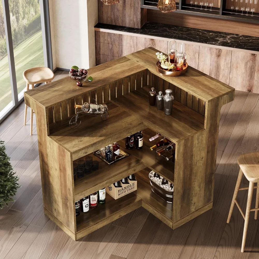 L-Shaped Home Bar Unit, Corner Liquor Bar Table with Storage Shelves and Wine Glasses Holder, Industrial Wine Cabinet