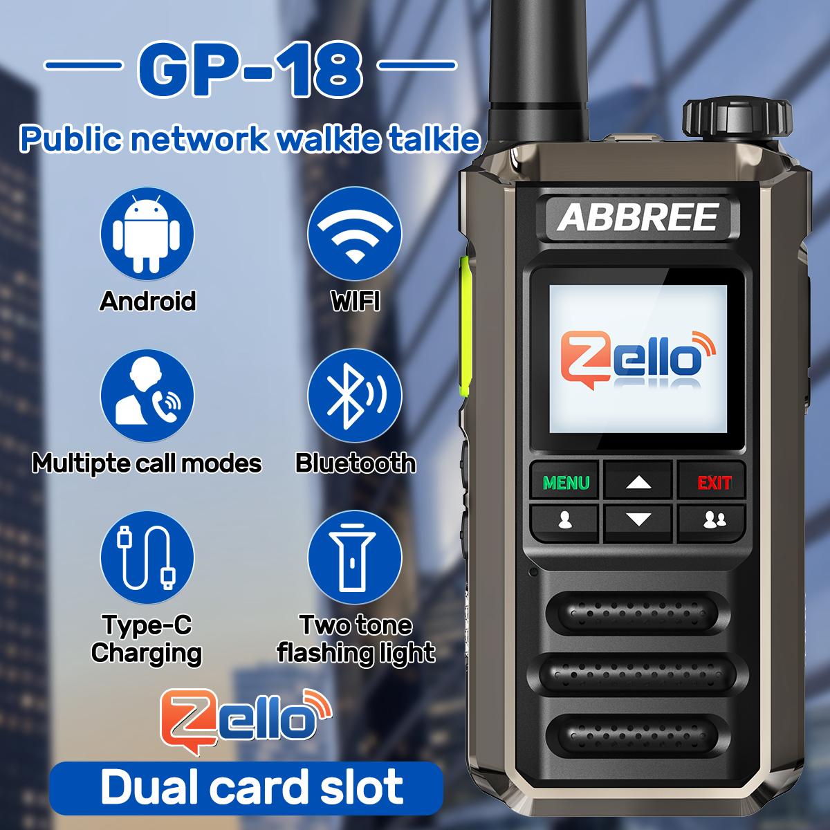 ABBREE GP-18 Zello Netzwerk Walkie Talkie Dual Sim Karte Slots Global POC Android Bluetooth WIFI Entfernung unbegrenzte 2G/3G/4G Radio