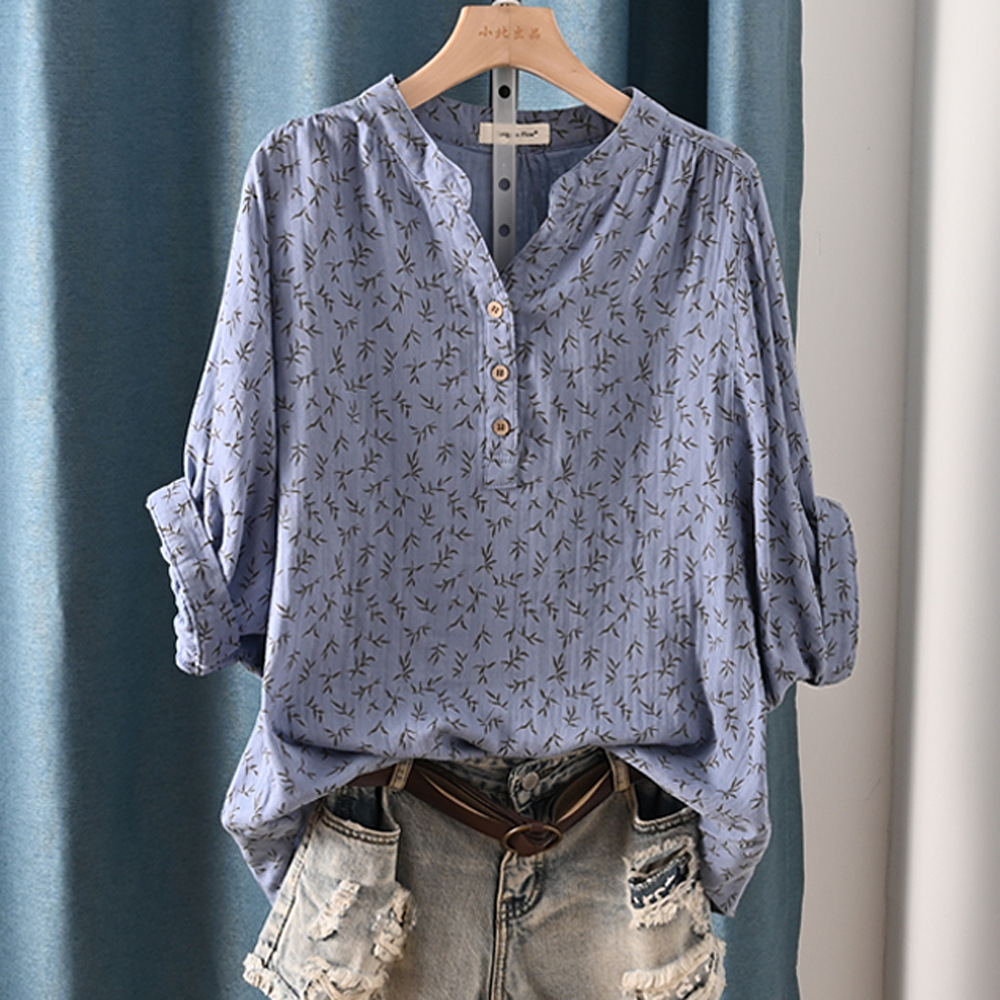 เสื้อผ้าฝ้ายลำลอง100% แขนค้างคาวสำหรับผู้หญิงใหม่ฤดูใบไม้ผลิเสื้อพิมพ์ลายคอตั้งเสื้อเบลาส์ OL ทรงหลวม2024 T447104QM ฤดูร้อน