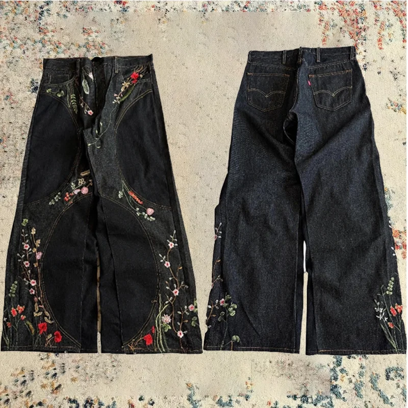 Y2K Baggy Jeans vintage splicing Floral Seams Embroidery Streamlined Jeans 2000s Harajuku goth men women Hip Hop wide leg jeans