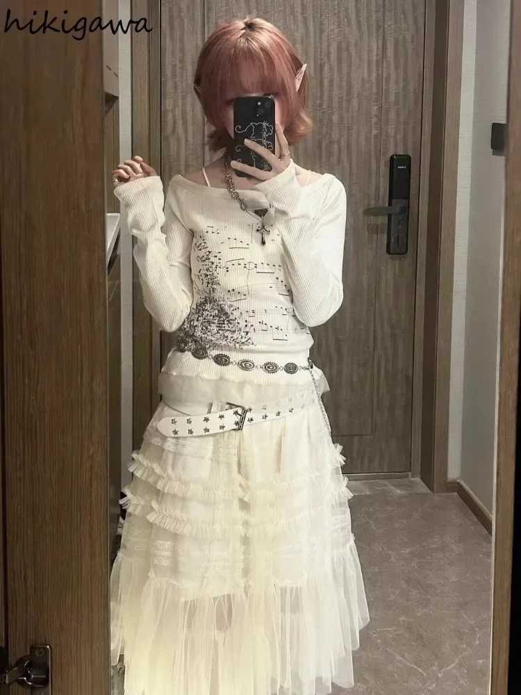 Camisetas Punk para Mujer, Túnica estampada de manga larga, Camisetas coreanas de moda Y2k, camisetas informales con cuello oblicuo, Ropa de Mujer 2025