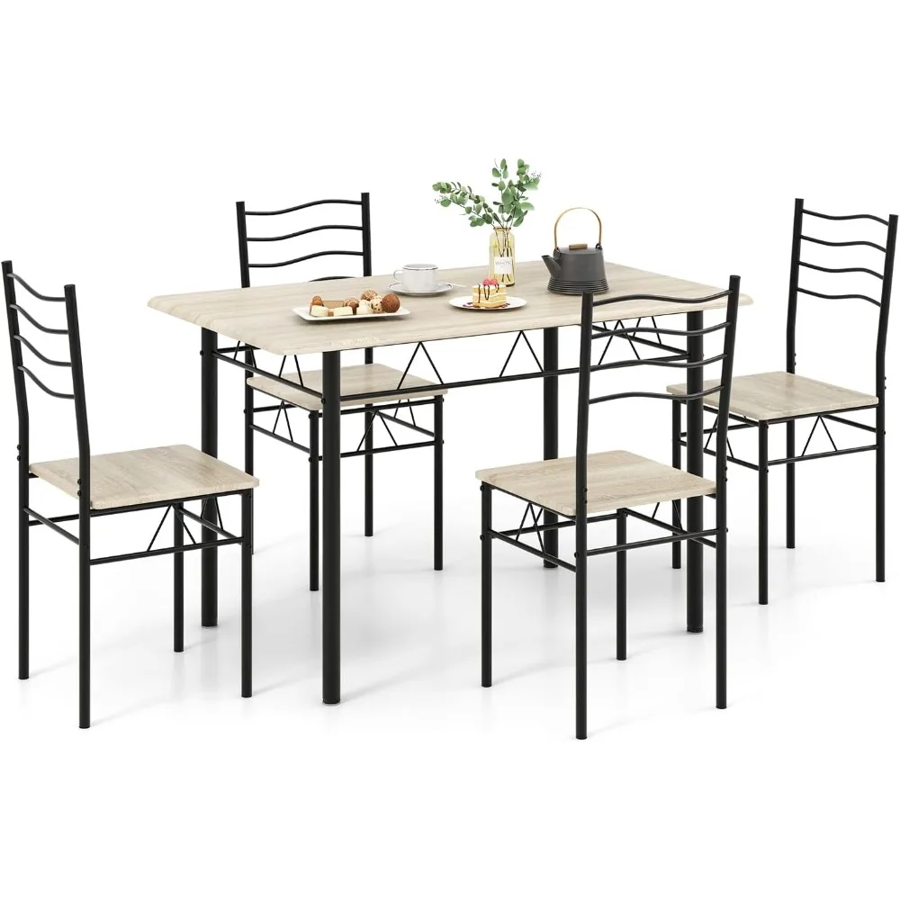 Kitchen Table Chairs Set of 4, 5 Piece Metal Rectangular Dinette Set w/Non-Slip Pad, Space-Saving Design, Modern Dining  Room