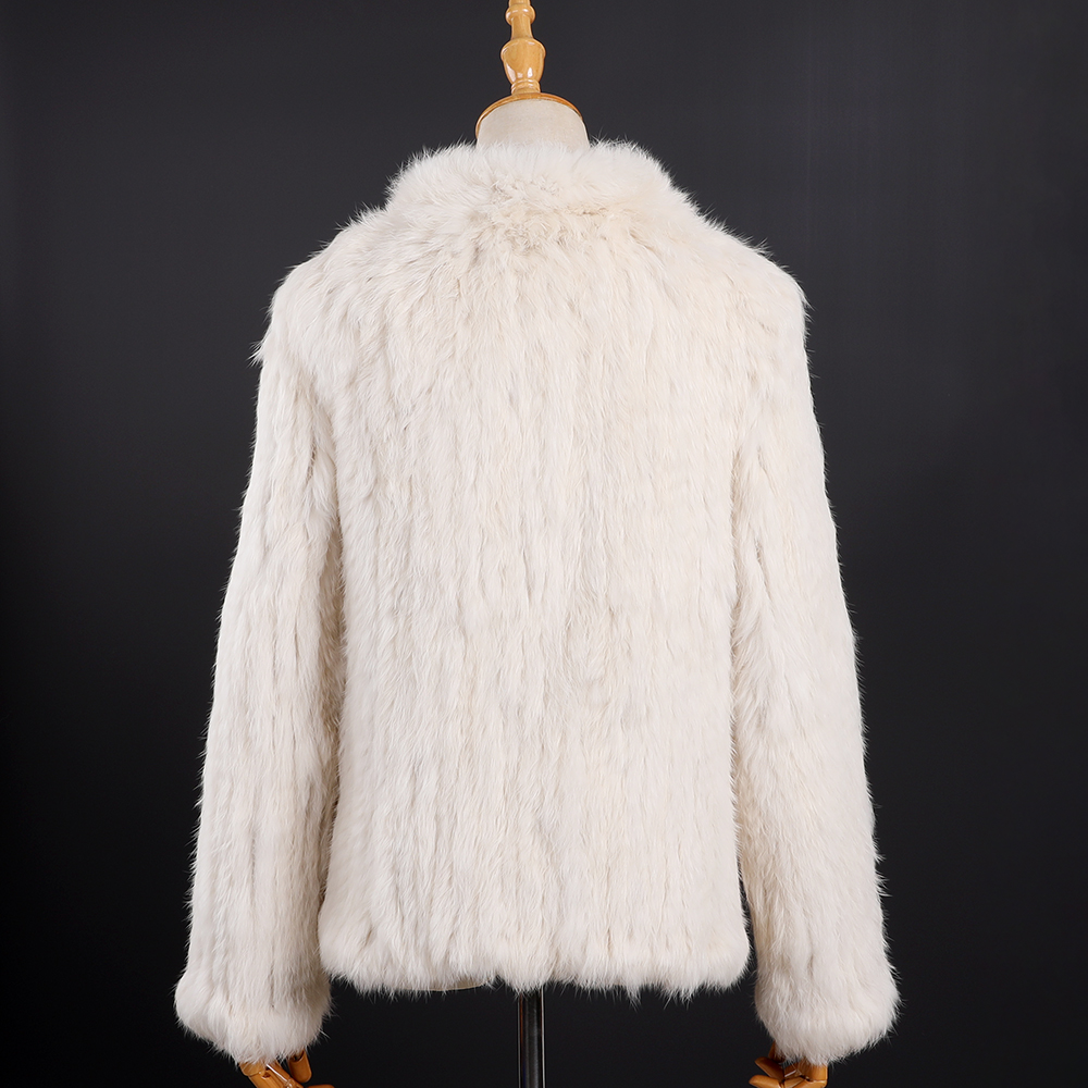 Luxo feminino inverno genuíno pele de coelho jaqueta de malha manga longa gola casaco senhora clássico pele real outwear com bolsos