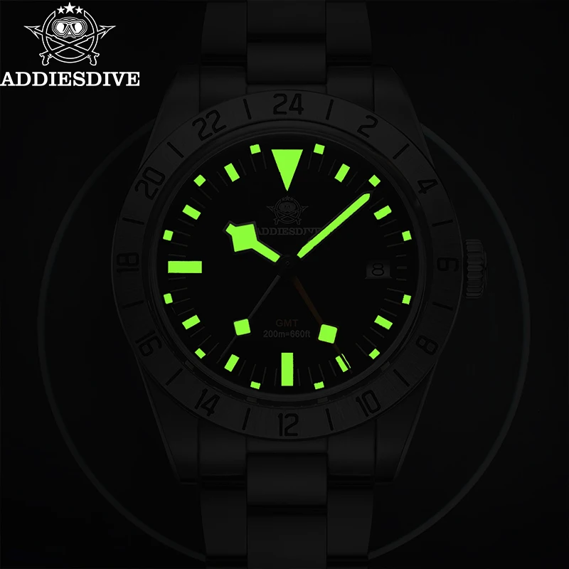 ADDIESDIVE GMT นาฬิกาผู้ชาย 39mm DIVER Luminous ปฏิทินสแตนเลส 20ATM นาฬิกาควอตซ์ Reloj Hombre