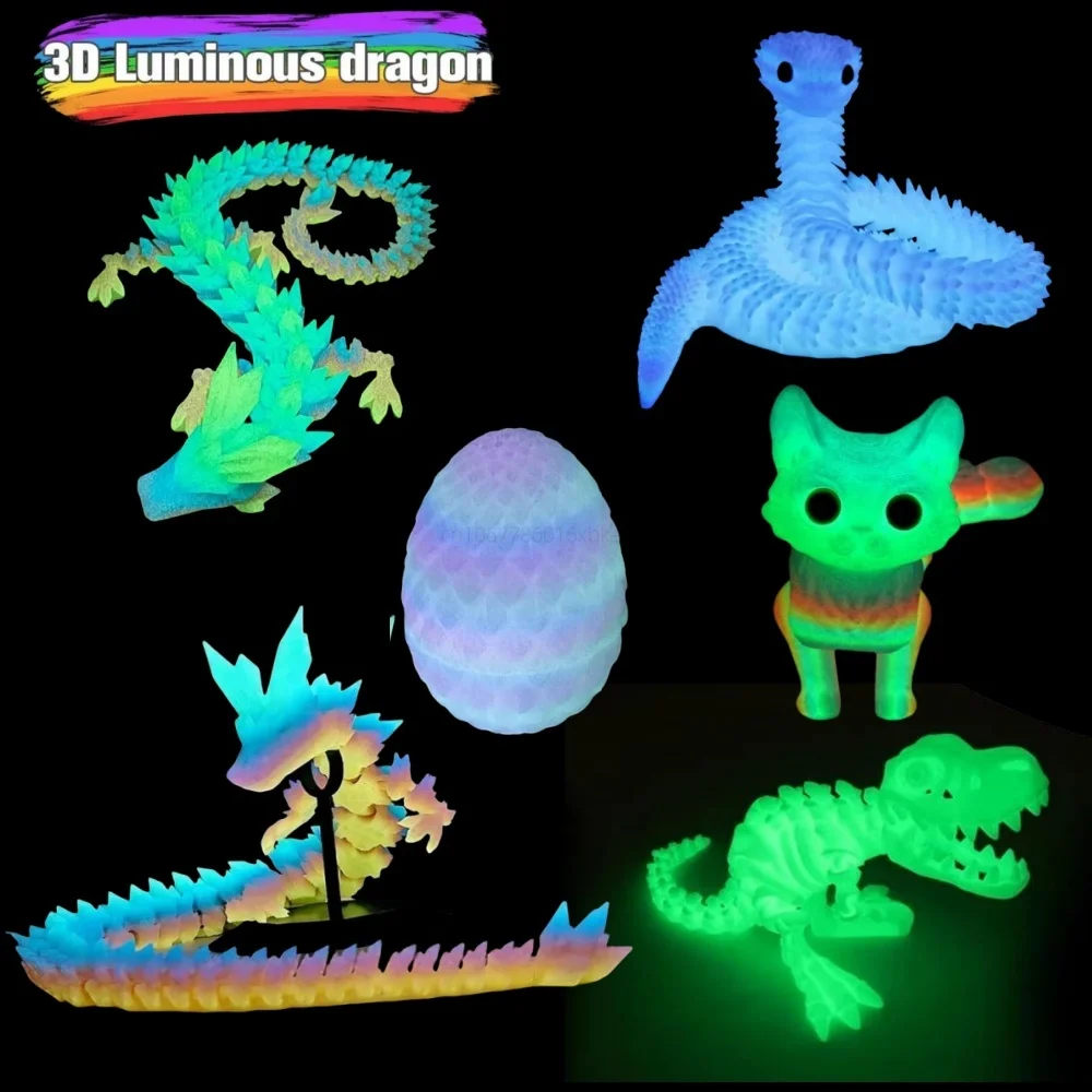 Светящиеся игрушки, 3D печатные животные, светящиеся в темноте, дракон, змея, кошки, вращающийся шарнирный тираннозавр Рекс, домашний декор, подарок для детей