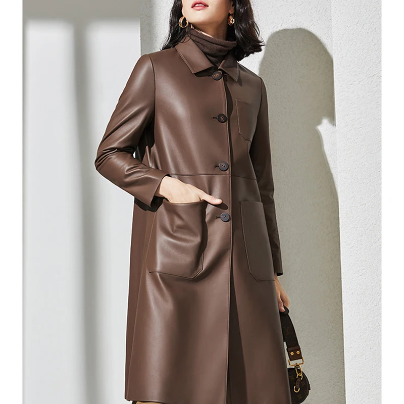 Women's Sheepskin Coat Autumn Winter Exquisite Small Lapel  Single Breasted Medium and Long  Loose Slim Coffee Leather Jackets