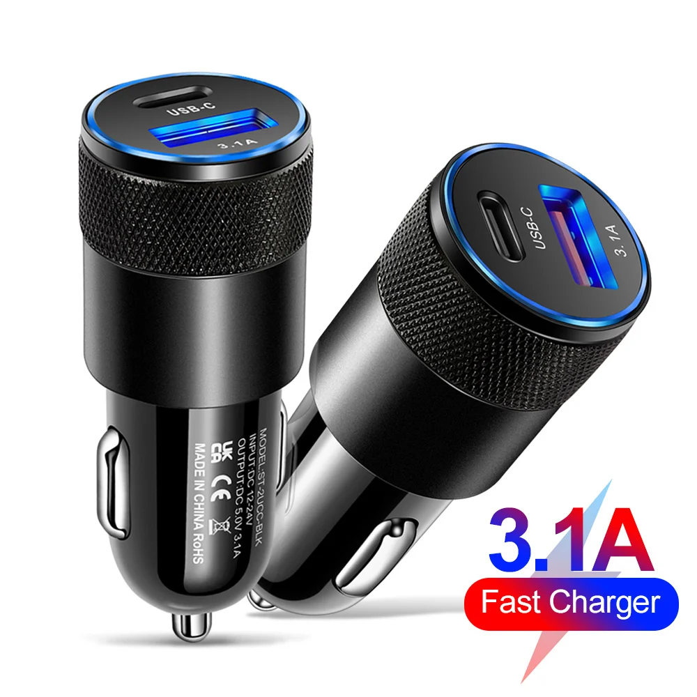 3.1A USB Car Charger Type C Fast Charging Car Charger For iPhone Samsung Xiaomi Huawei Phone USB C Car Cigarette Lighter Adapter