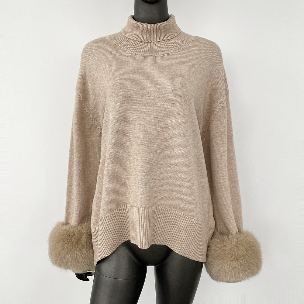 FURYOURSELF 2025, Damen-Wollpullover, übergroß, echtes Fuchspelz, Manschettenpullover, elegante Bürodame, Kleidung, lockerer Rollkragenpullover