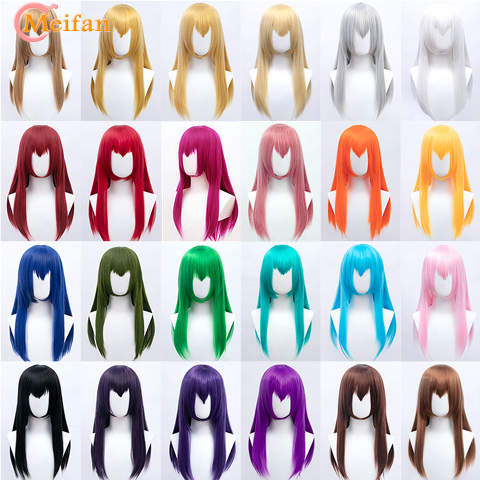 MEIFAN สีสังเคราะห์ยาวคอสเพลย์ Wigs 60ซม.Lolita วิกผมสีเขียวสีชมพูสีบลอนด์สีม่วงตรงวิกผมฮาโลวีน Party ทรงผม
