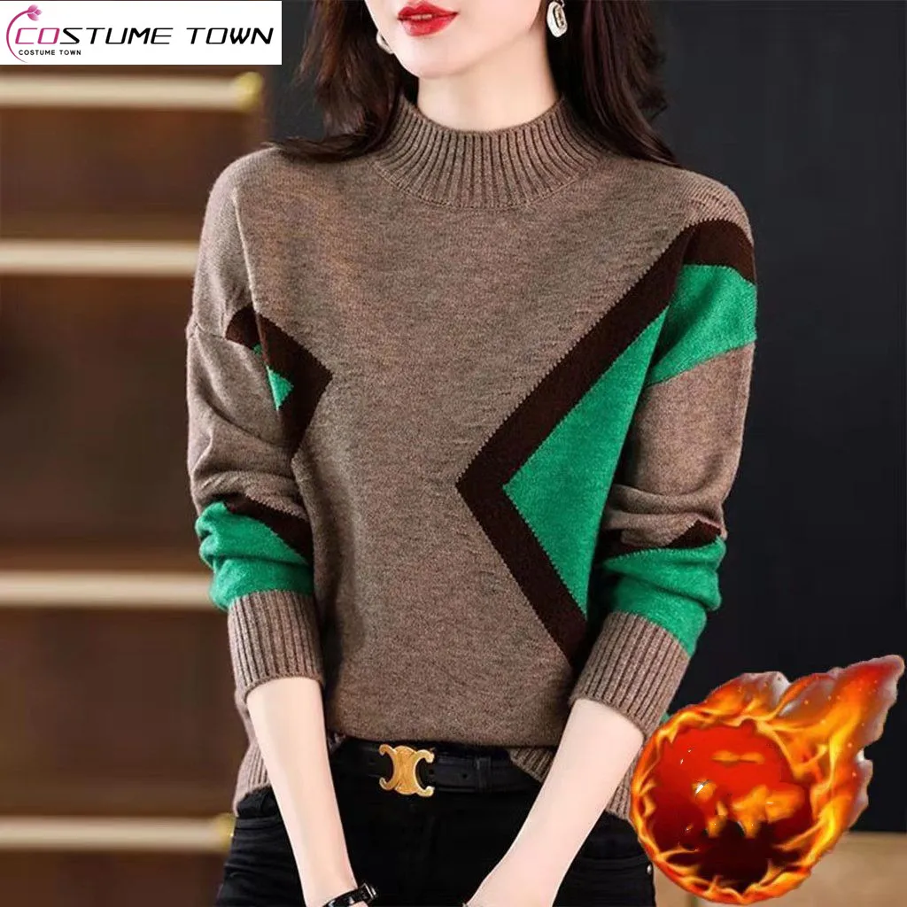 Top de terciopelo y grueso para mujer, suéter de cuello medio alto de punto con bloques de Color, Edición coreana, Otoño/Invierno 2024