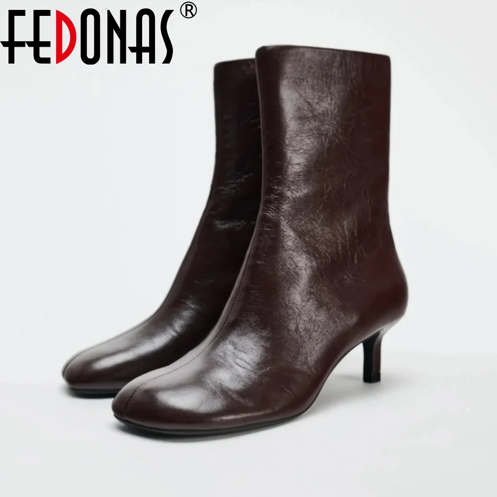 FEDONAS Fashion Women Genuine Leather Thin High Heels Warm Autumn Winter Ankle Boots Round Toe Short Elegant Short Boots Shoes