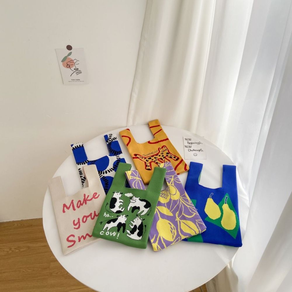 Bolso de mano de punto de gato para niñas, bolsos de compras hechos a mano, bolso de muñeca con nudo de alta capacidad, moda