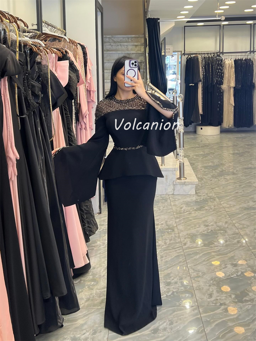 Maßgeschneiderte, hochwertige, klassische Jersey-Perlen, Pailletten, gerade, U-Ausschnitt, lange Kleider, maßgeschneiderte Anlasskleider, exquisit