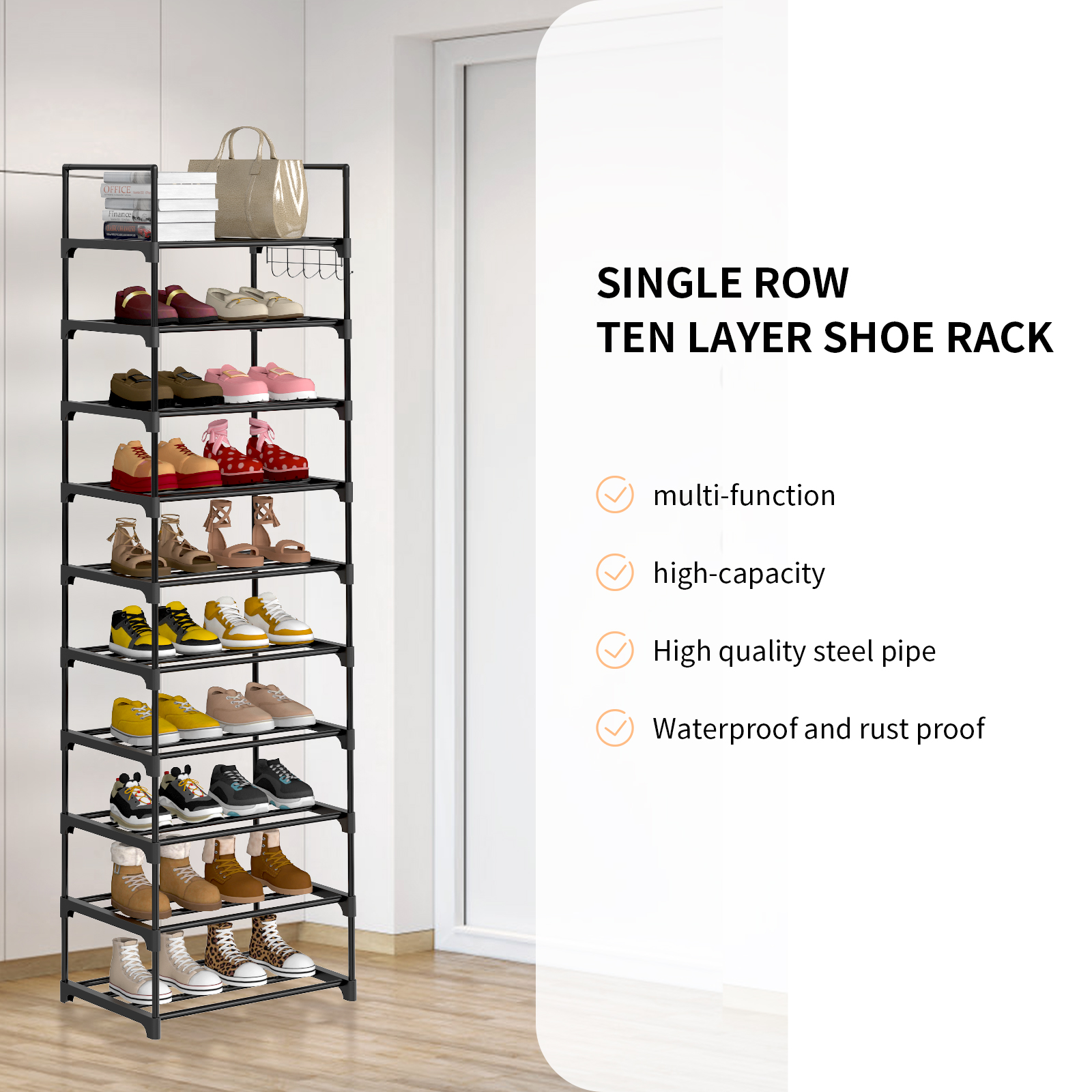Shoe Rack 10 Tier Shoe Storage Organizer Metal With Hooks Fit 20-25 Pairs Shoes Easy Assembly, Space-Saving.