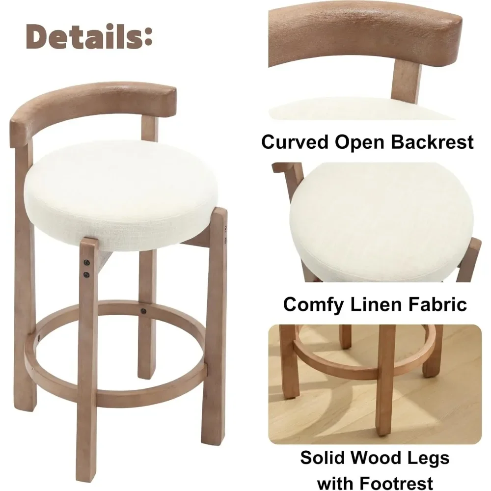 Mid Century Linen Counter Stools Set of 4, Upholstered 26.5” Seat Height Low Barstools with Natural Wood Legs Round Low
