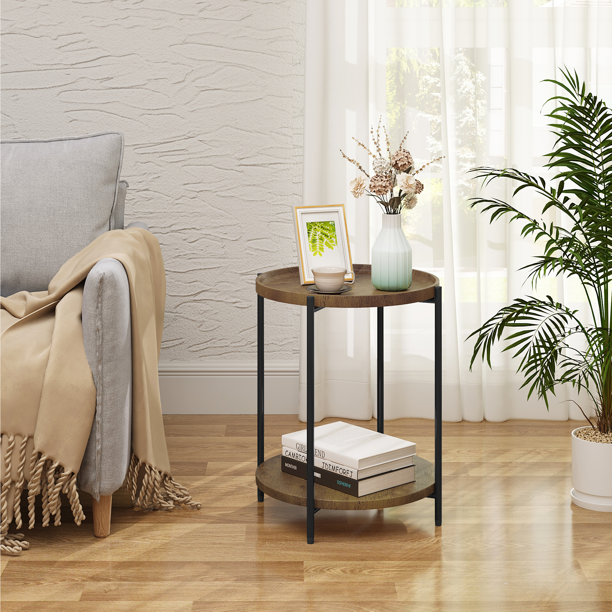 Mesa de centro redonda con 2 estantes, mesa extraíble, sofá, teléfono, mesita de noche de té para sala de estar, dormitorio y hogar