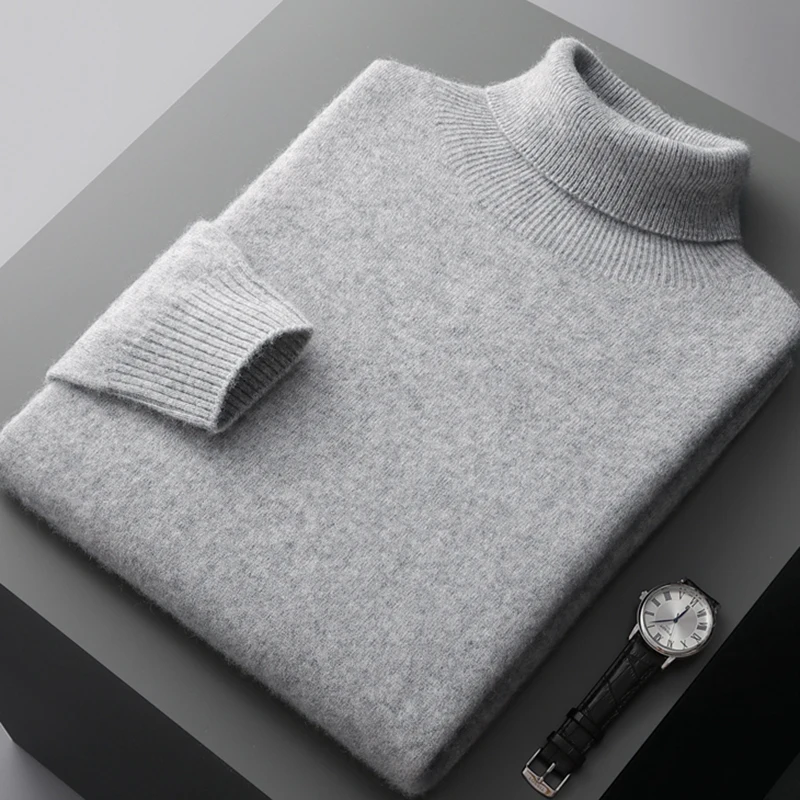 100% Pure Wol Eendelige Confectiekleding Heren Hoge Revers Pullover Herfst En Winter Basis Gebreide Veelzijdige Trui Casual Groot