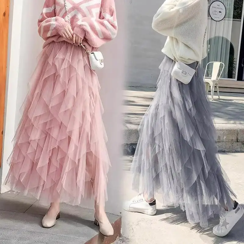 Tutù Tulle Gonna lunga lunga Donna Moda coreana Carino Rosa Gonna a pieghe a vita alta Maglia femminile Lady Estetica Faldas