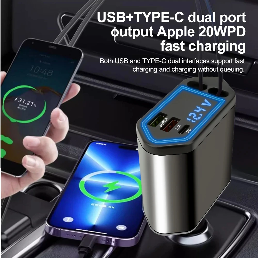 Wysuwana ładowarka samochodowa, szybka ładowarka samochodowa 4 w 1 o mocy 120 W, wysuwany kabel i ładowarka samochodowa z 2 portami USB, kompatybilna