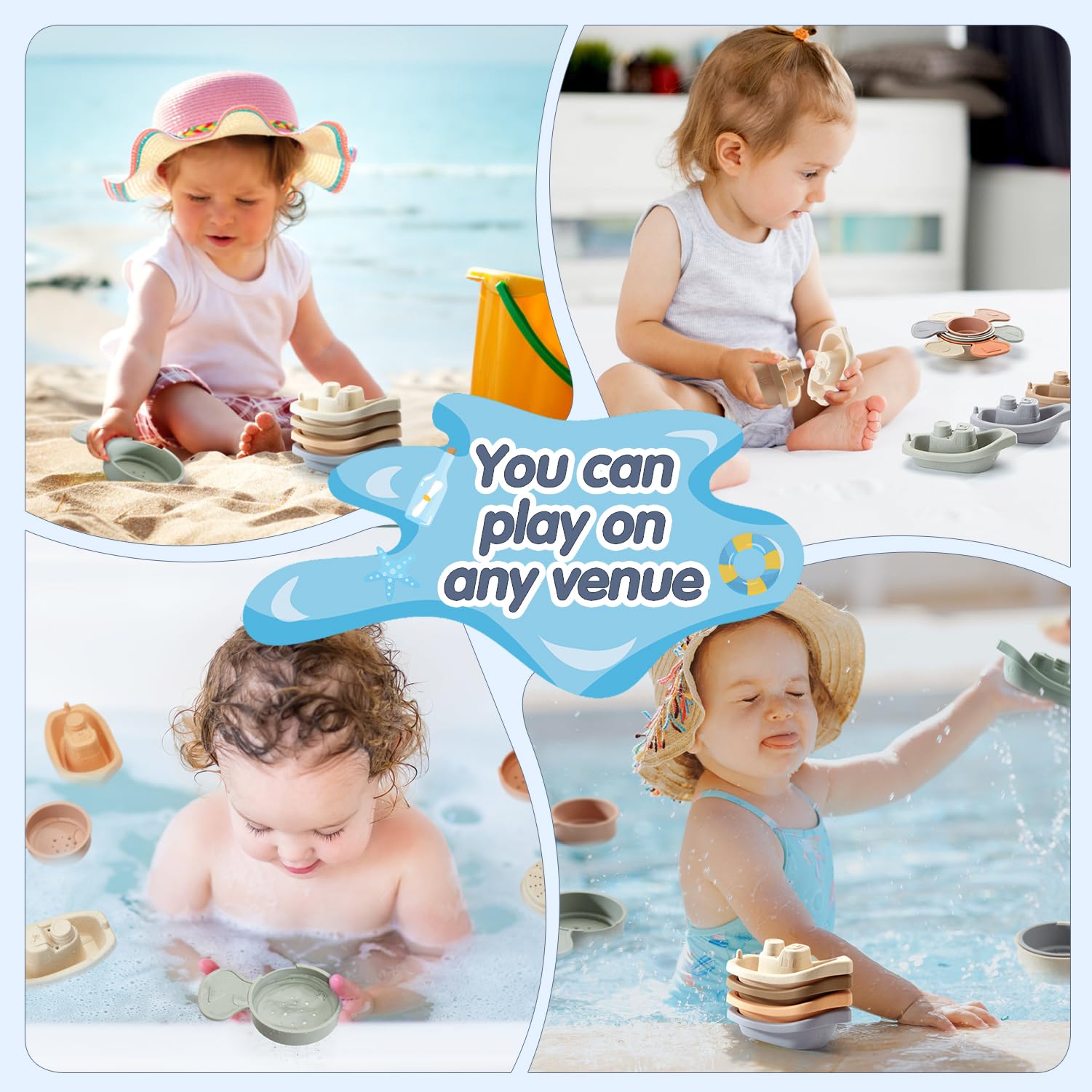 Bath Toys Floating Boats with Bathing Spoon Durable Educational Plastic Stacking Boat for Baby Water Table Toys Birthday Gift