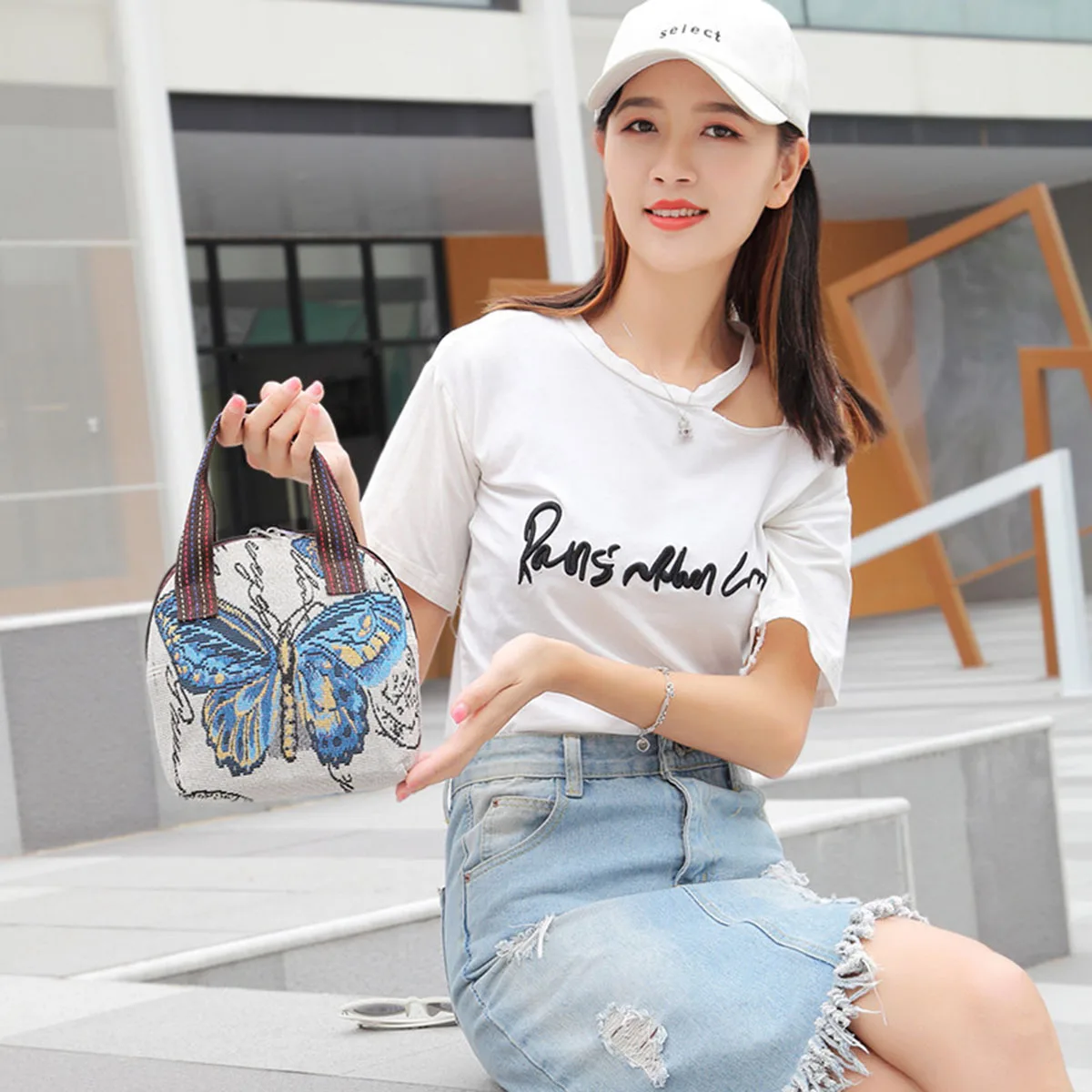 Schmetterling Stickerei Top Griff Tasche Kleine Telefon Lagerung Geldbörse Damen Gewebte Handtasche Mit Reißverschluss Canvas Handtasche