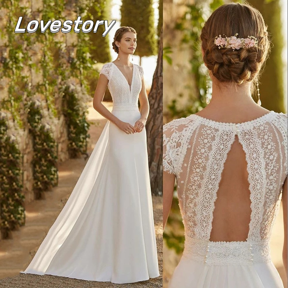 Abiti da sposa moderni in raso di pizzo avorio con scollo a v staccabile maniche ad aletta abiti da sposa Plus Size abiti tagliati De Noiva