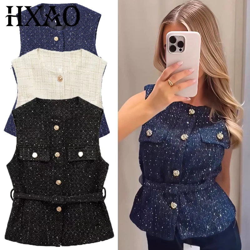 Hxao colete feminino verão 2025 azul fora branco preto colete texturizado mulher botão sem mangas colete feminino moda outerwears